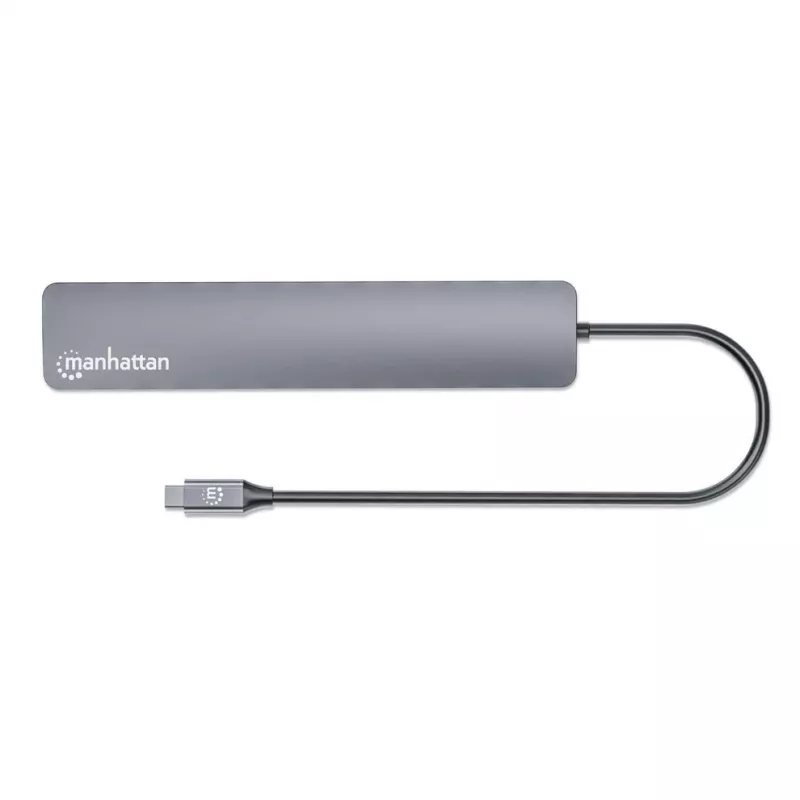 Dock/hub USB-C Manhattan, portas (x7): USB-A (x3) e USB-C (x4), com Power Delivery (PD) 100 W – requer carregador USB-C externo (não incluído). Alimentado por USB (não requer fonte de alimentação externa) quando não é usado PD, alumínio
