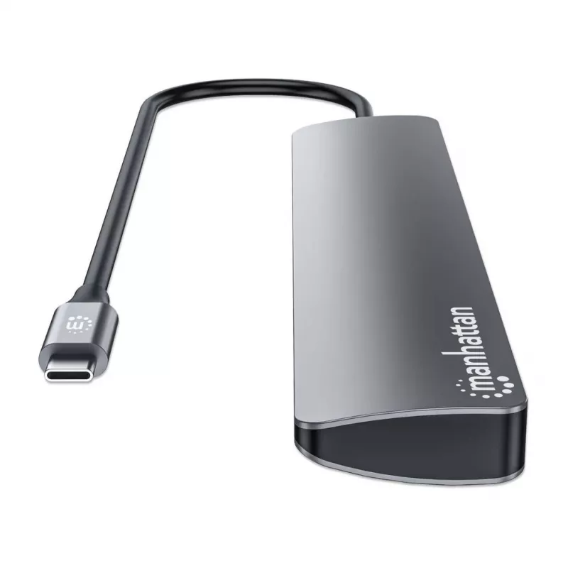 Dock/hub USB-C Manhattan, portas (x7): USB-A (x3) e USB-C (x4), com Power Delivery (PD) 100 W – requer carregador USB-C externo (não incluído). Alimentado por USB (não requer fonte de alimentação externa) quando não é usado PD, alumínio
