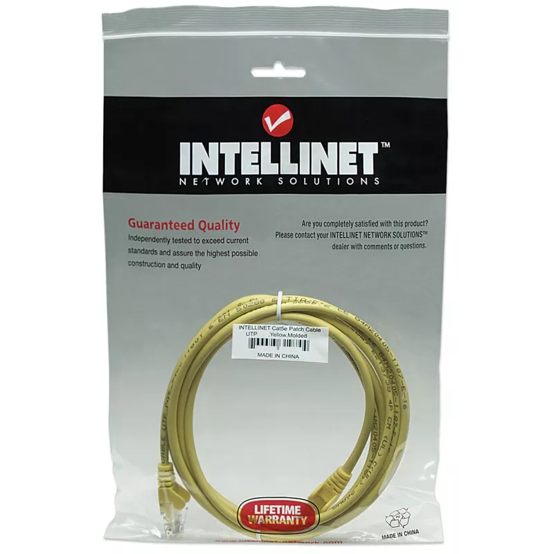 Cabo de rede patch Intellinet, Cat5e, 1 m, amarelo, CCA, U/UTP, PVC, RJ45, contactos banhados a ouro, sem patilha, proteção anti-dobra moldada, garantia vitalícia