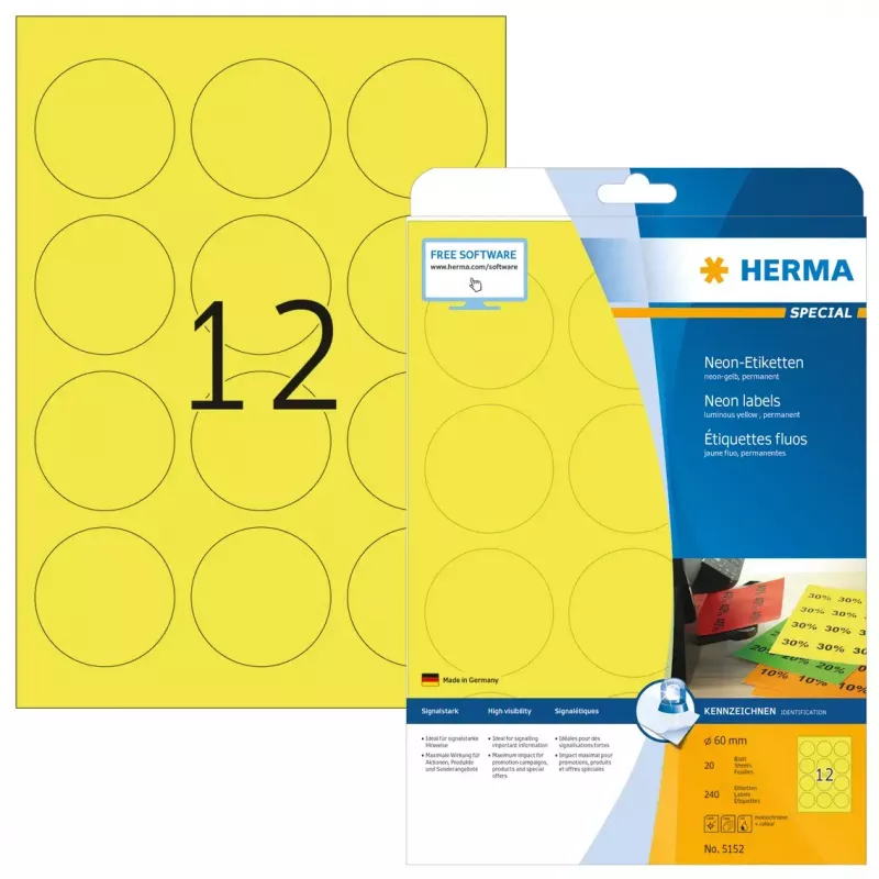 Etiquetas autoadesivas HERMA Neon A4 Ø 60 mm redondas amarelo fluorescente 240 unidades