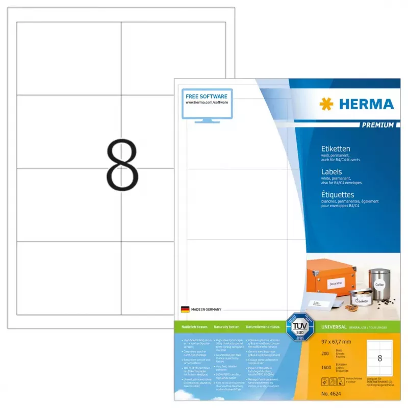 Etiquetas HERMA Premium A4 97x67,7 mm branco papel mate 1600 unidades