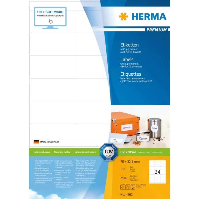 Etiquetas autoadesivas para impressora HERMA Premium A4 70x33,8 mm 2400 unidades