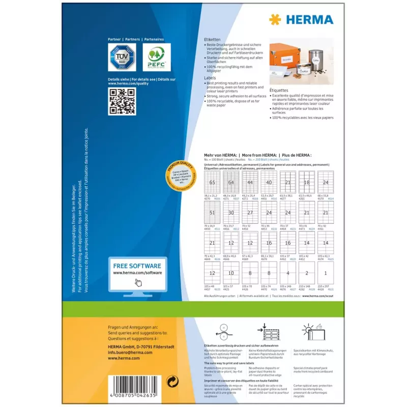 Etiquetas autoadesivas para impressora HERMA Premium A4 70x33,8 mm 2400 unidades