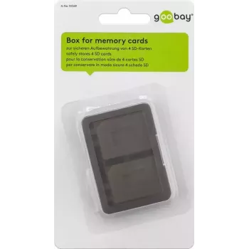 Caixa de armazenamento para cartões de memória GOOBAY 95349 — comporta 4 cartões, compatível com SD/MicroSD/MMC, plástico cinzento transparente