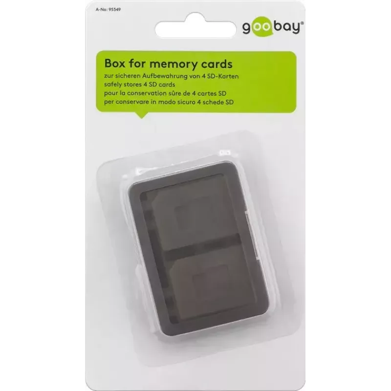 Caixa de armazenamento para cartões de memória GOOBAY 95349 — comporta 4 cartões, compatível com SD/MicroSD/MMC, plástico cinzento transparente