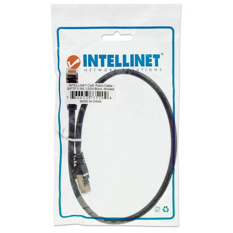 Cabo de rede patch Intellinet, Cat6, 0,5 m, preto, cobre, S/FTP, LSOH/LSZH, PVC, RJ45, contactos banhados a ouro, sem patilha, com proteção de bainha, garantia vitalícia