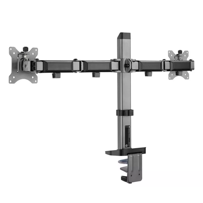 Braço duplo para monitor ACT de escritório prateado fixação por grampo/passagem na mesa 18 kg 17-32 polegadas
