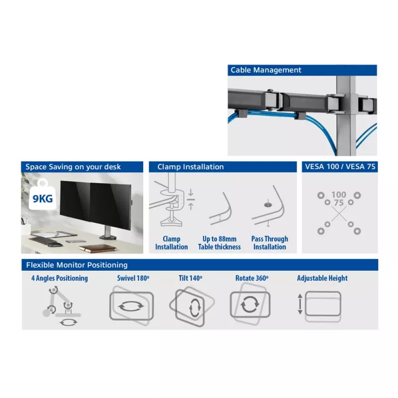 Braço duplo para monitor ACT de escritório prateado fixação por grampo/passagem na mesa 18 kg 17-32 polegadas