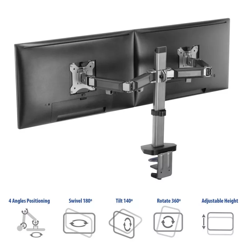 Braço duplo para monitor ACT de escritório prateado fixação por grampo/passagem na mesa 18 kg 17-32 polegadas
