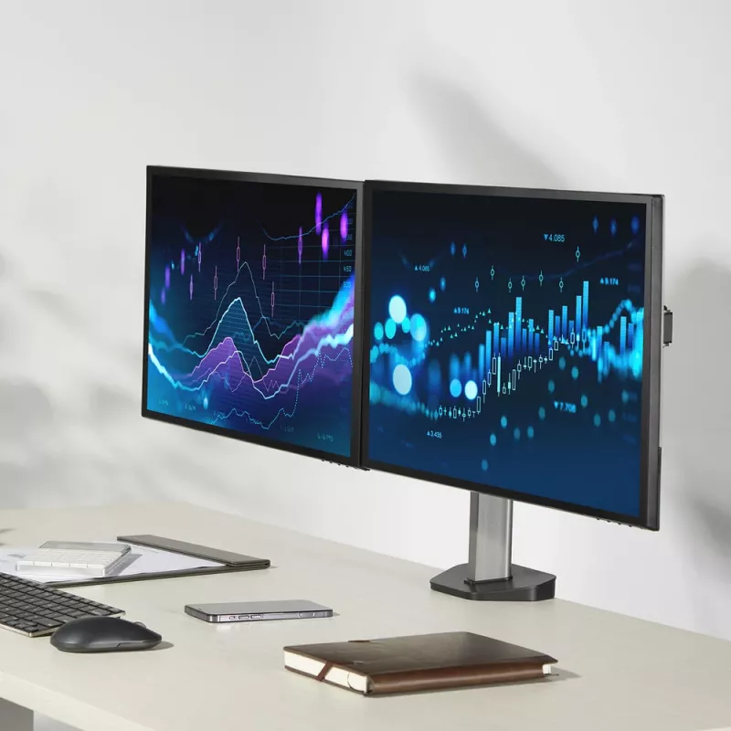 Braço duplo para monitor ACT de escritório prateado fixação por grampo/passagem na mesa 18 kg 17-32 polegadas