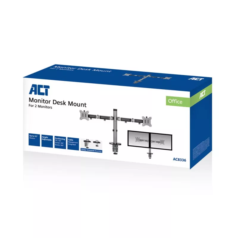 Braço duplo para monitor ACT de escritório prateado fixação por grampo/passagem na mesa 18 kg 17-32 polegadas