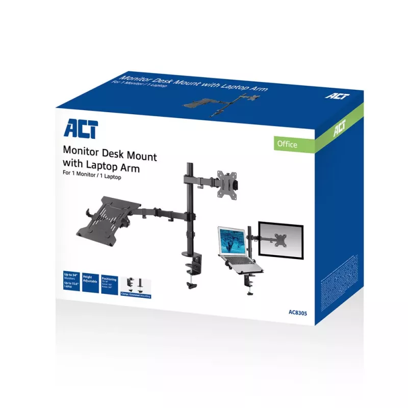 ACT AC8305 braço para portátil e monitor até 15,6 polegadas, preto