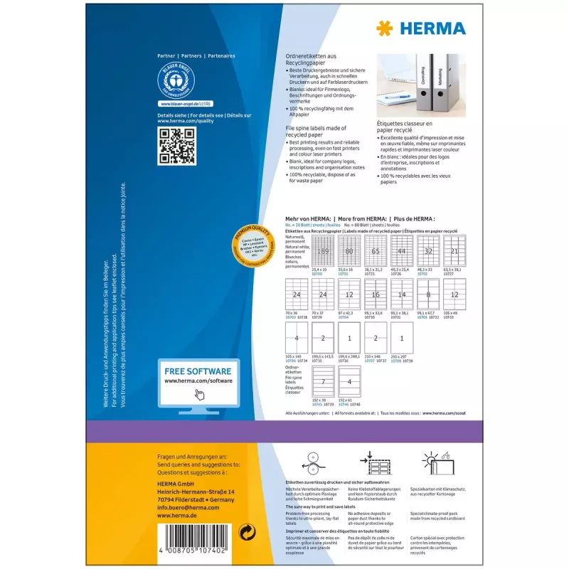 Etiquetas de impressora autoadesivas HERMA 10740 branco 19,2x6,1 cm 320 etiquetas
