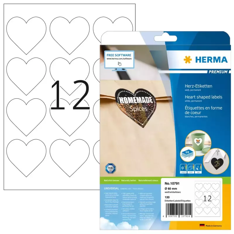 Etiquetas autocolantes HERMA 10791 coração permanentes brancas 120 unid.