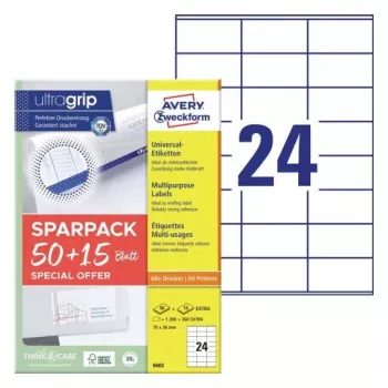 Etiqueta autoadesiva para impressora AVERY 6602 branco 7x3,6 cm 1560 unid.