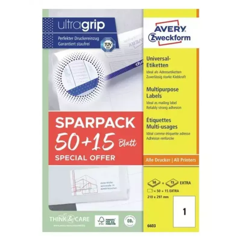 Etiqueta autoadesiva para impressora AVERY 6603 branco A4 21x29,7 cm 65 etiquetas