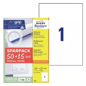 Etiqueta autoadesiva para impressora AVERY 6603 branco A4 21x29,7 cm 65 etiquetas