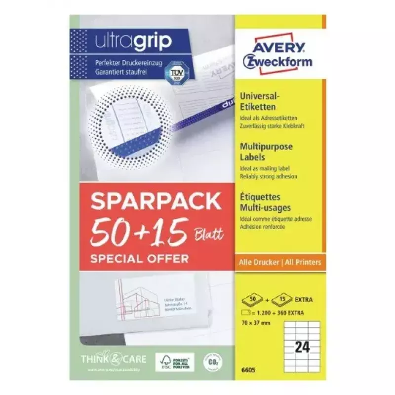 Etiqueta autoadesiva para impressora AVERY 6605 branco 7x3,7 cm 1560 etiquetas