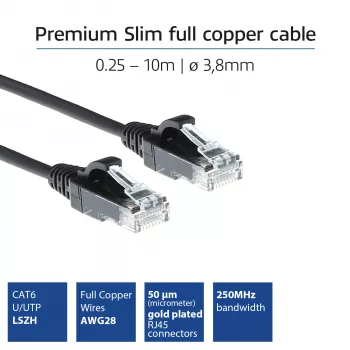 ACT preto 1,5 metros cabo de rede LSZH U/UTP CAT6 Slimline para centro de dados sem proteção anti-dobra com fichas RJ45