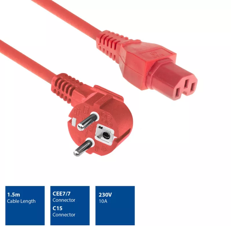 Cabo de alimentação ACT ficha CEE 7/7 (angular) – C15 vermelho 1,5 m