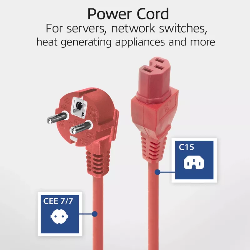 Cabo de alimentação ACT ficha CEE 7/7 (angular) – C15 vermelho 1,5 m