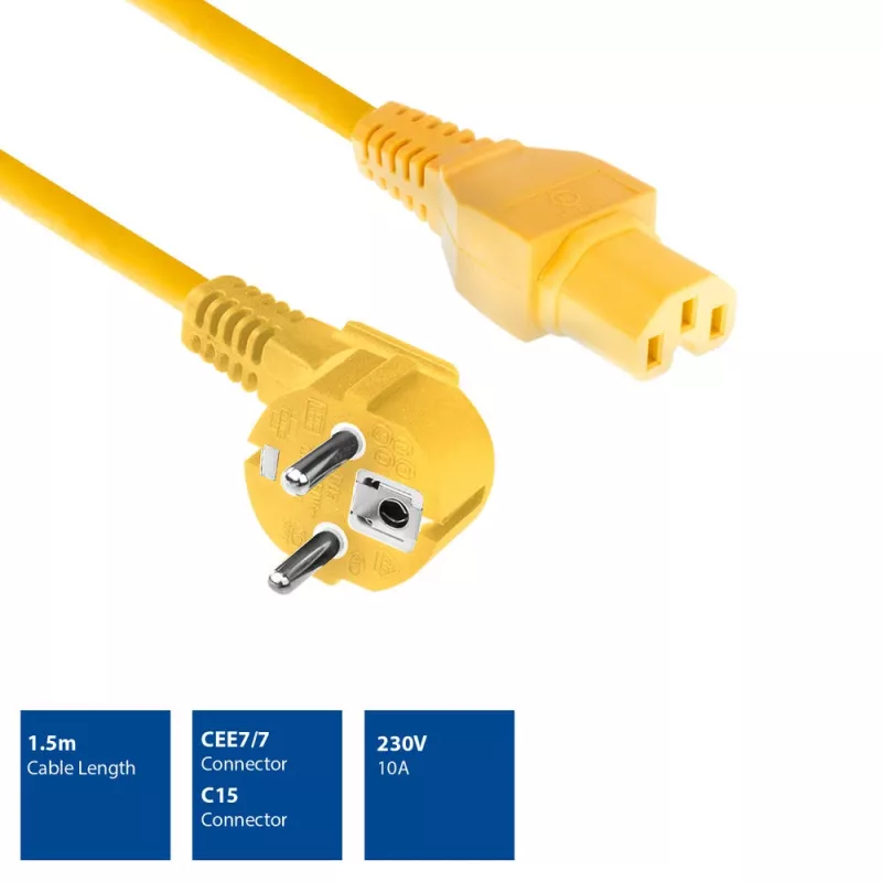 Cabo de alimentação ACT ficha CEE 7/7 (angular) - C15 amarelo 1,5 m