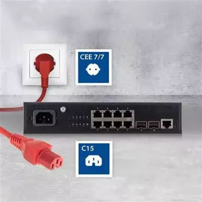Cabo de alimentação ACT ficha CEE 7/7 angular C15 vermelho 2 m 250 V 10 A