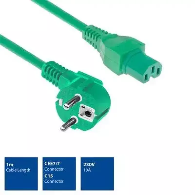 Cabo de alimentação ACT ficha CEE 7/7 angular C15 verde 1 m 250 V 10 A