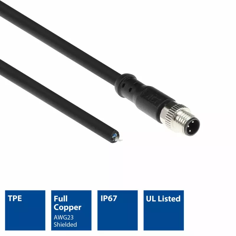 ACT Industrial cabo de sensor de 3,00 metros M8A 3 pinos ficha macho para extremidade aberta, cabo TPE Ultraflex Xtreme, blindado