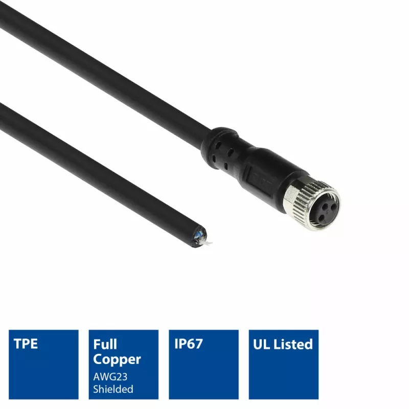 ACT Industrial cabo de sensor de 5,00 metros M8A 3 pinos ficha fêmea para extremidade aberta, cabo TPE Ultraflex Xtreme, blindado