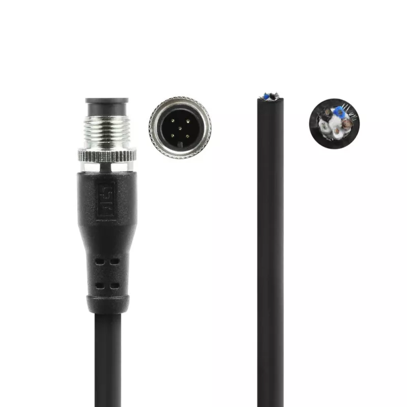 Cabo de sensor ACT Industrial 5,00 metros M12A 5 polos conector macho para extremidade aberta, cabo TPE Superflex Xtreme, blindado