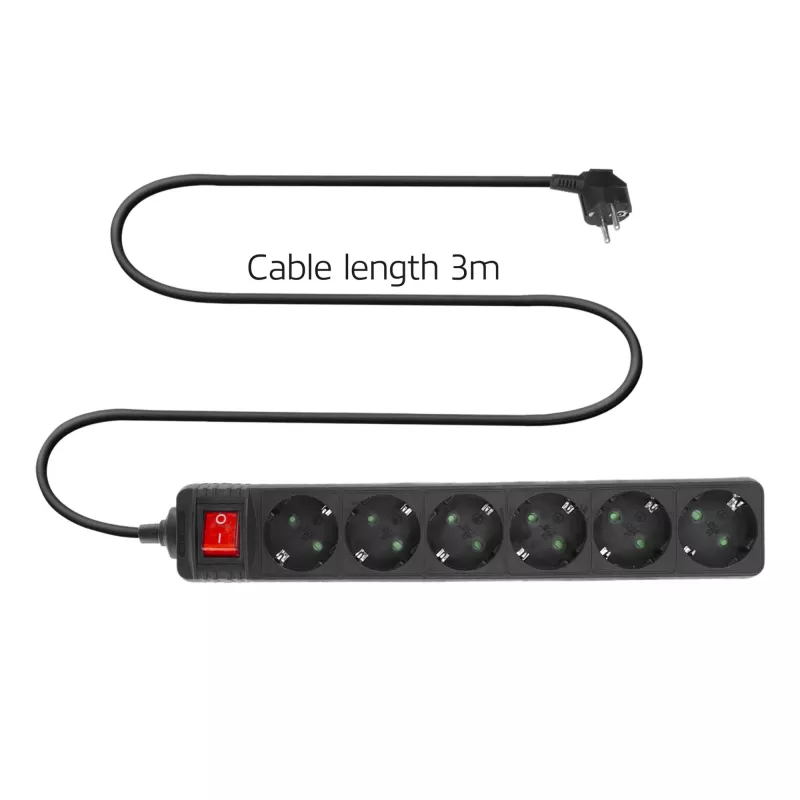 ACT Régua de tomadas com interruptor iluminado, 6 tomadas, 3 m, preto