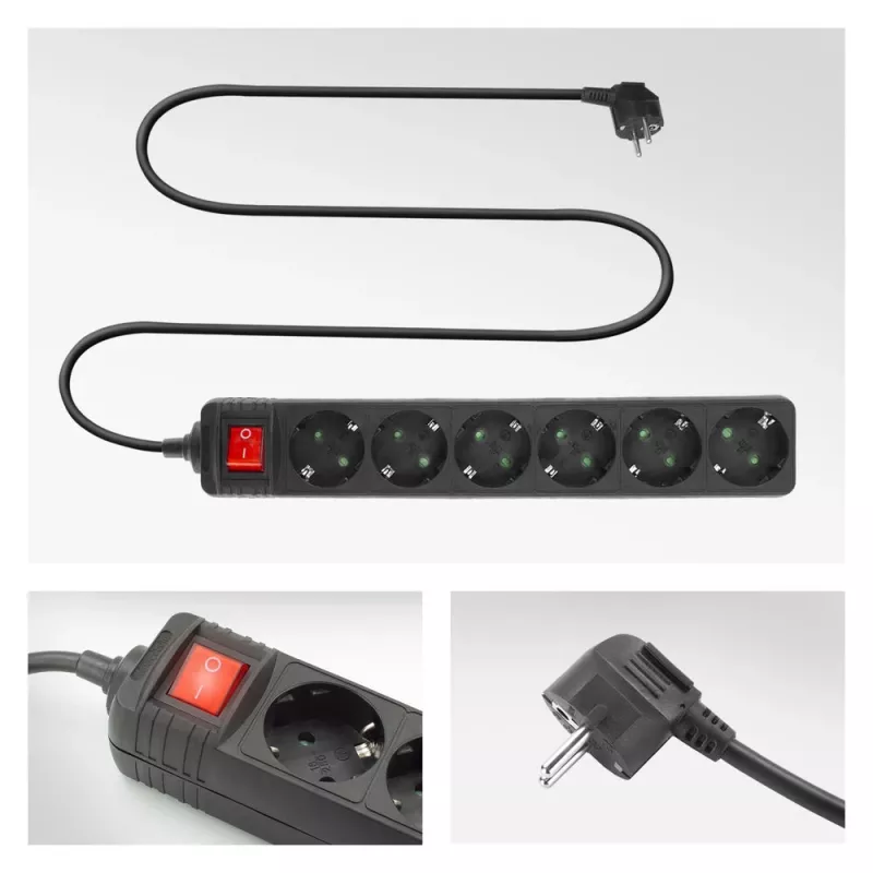 ACT Régua de tomadas com interruptor iluminado, 6 tomadas, 3 m, preto