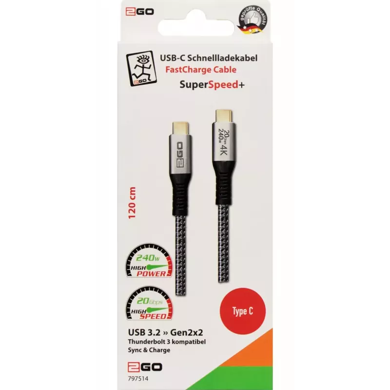 Cabo USB 2GO 797514 USB 3.2 Gen 2x2 1,2 m USB-C Preto Prateado