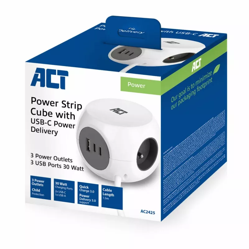Extensão elétrica ACT AC2425 1,5 m 3 tomadas AC para interior branca