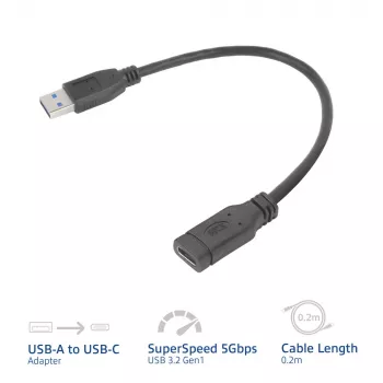 Adaptador USB ACT AC7460 ficha USB-A para conector fêmea USB-C de 24 pinos, 20 cm, 5 Gbit/s