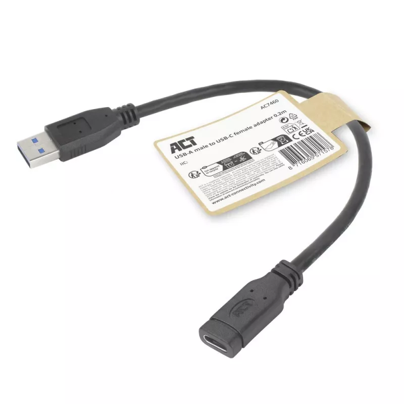 Adaptador USB ACT AC7460 ficha USB-A para conector fêmea USB-C de 24 pinos, 20 cm, 5 Gbit/s