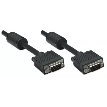 Manhattan Cabo de monitor VGA (com núcleos de ferrite), 15m, Preto, macho para macho, HD15, cabo com especificação SVGA superior (totalmente compatível), blindagem com núcleos de ferrite ajuda a minimizar interferências EMI para uma melhor transmissão de vídeo, garantia vitalícia