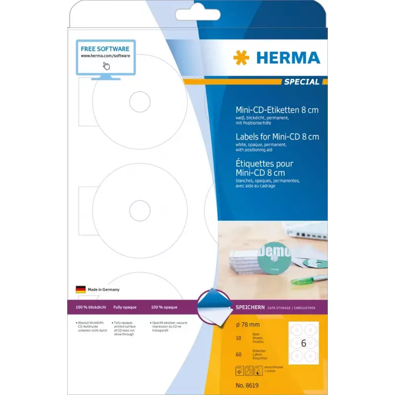 Etiquetas autocolantes HERMA CD Mini A4 Ø 78 mm