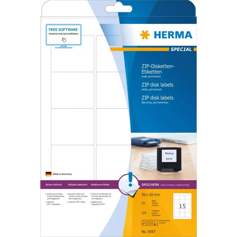 Etiquetas HERMA disquetes ZIP A4 59x50 mm papel branco mate 375 unid.