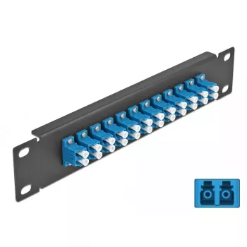Patch panel de fibra ótica DeLOCK 10 polegadas 12 portas LC duplex azul 1U preto