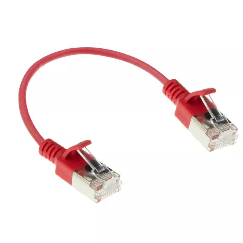 Cabo de patch slimline para centro de dados ACT vermelho 0,15 m LSZH U/FTP CAT6A com proteção de bloqueio e fichas RJ45
