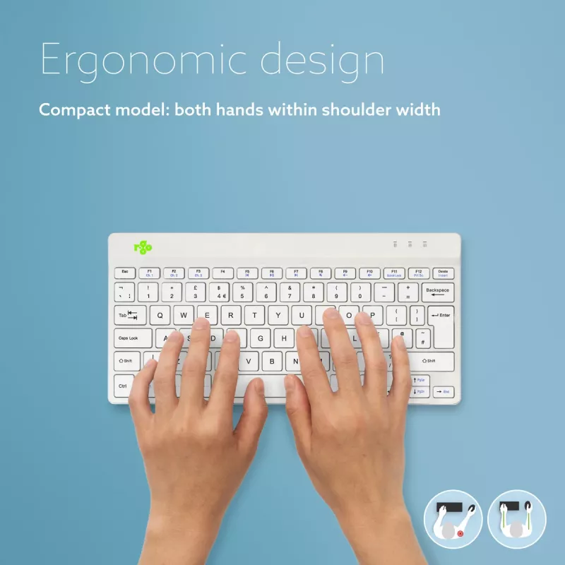 Teclado ergonómico R-Go Tools R-Go Compact Break, teclado compacto com software de pausas, QWERTY (UK), Bluetooth, branco