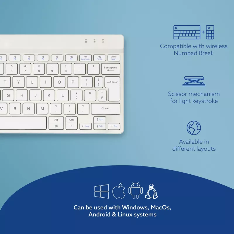 Teclado ergonómico R-Go Tools R-Go Compact Break, teclado compacto com software de pausas, QWERTY (UK), Bluetooth, branco