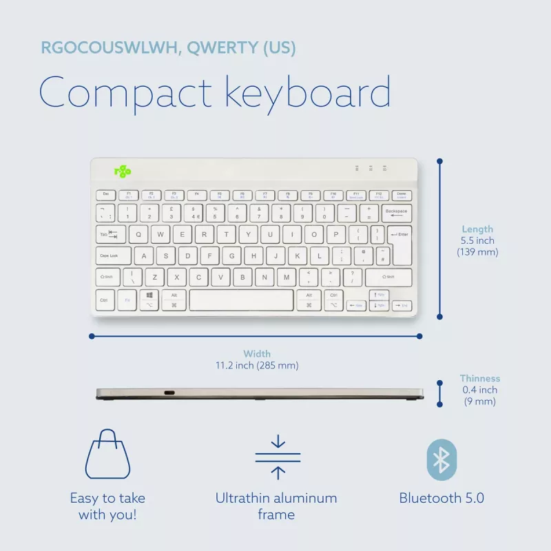 Teclado ergonómico R-Go Tools R-Go Compact Break, teclado compacto com software de pausas, QWERTY (UK), Bluetooth, branco