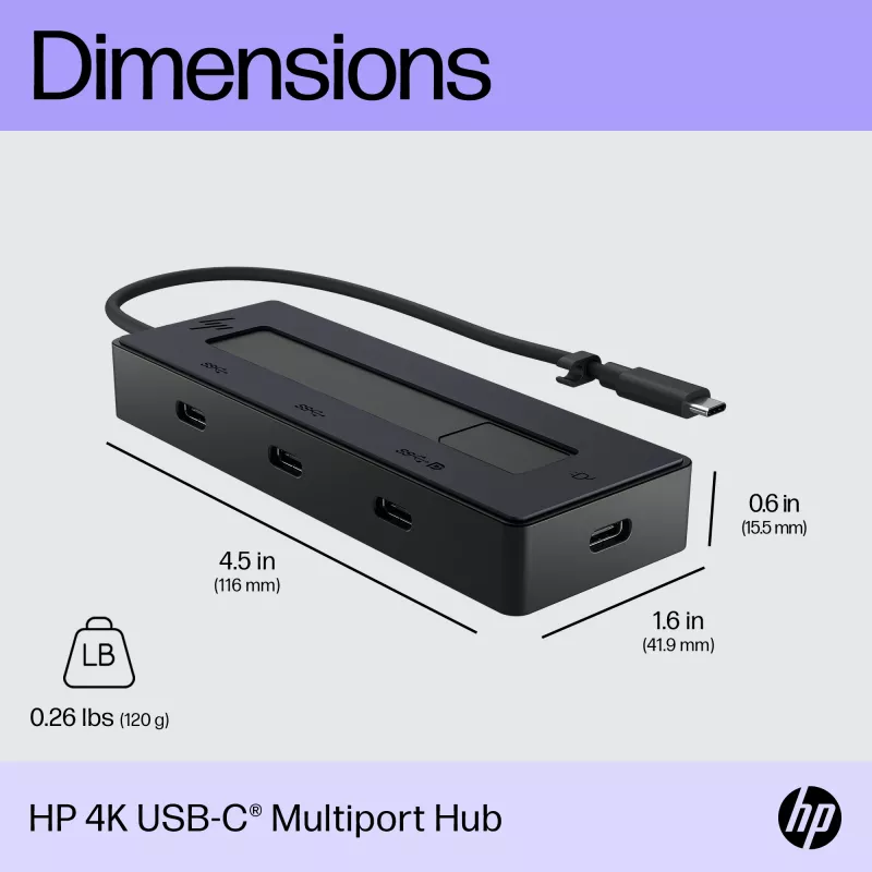 Hub multiporta HP 4K USB-C, USB Type-C, USB Type-C, 10000 Mbit/s, 3840 x 2160, preto, 65 W