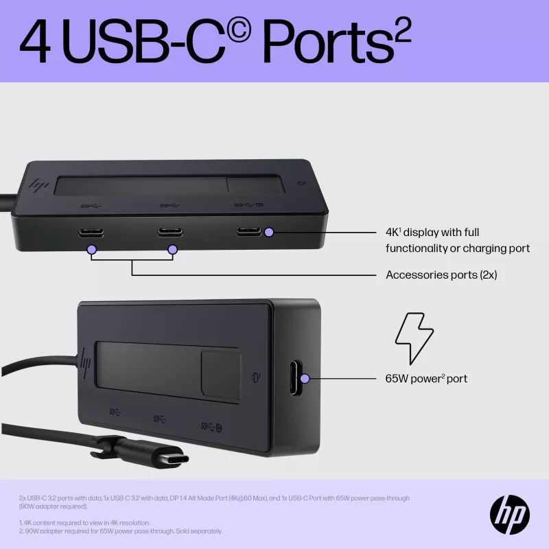 Hub multiporta HP 4K USB-C, USB Type-C, USB Type-C, 10000 Mbit/s, 3840 x 2160, preto, 65 W