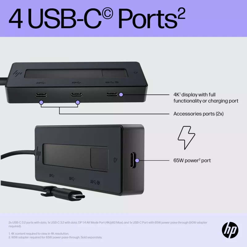 Hub multiporta HP 4K USB-C, USB Type-C, USB Type-C, 10000 Mbit/s, 3840 x 2160, preto, 65 W