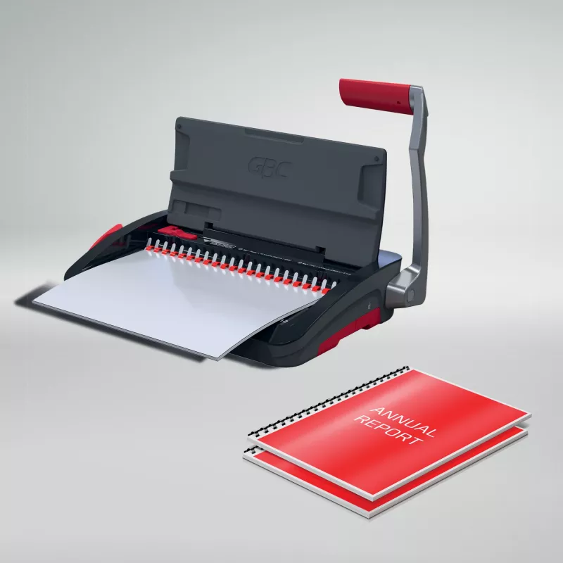 Encadernadora manual de pente GBC CombBind® CB12, encadernadora de pente, manual, 165 folhas, preto, vermelho