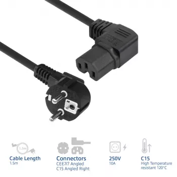 Cabo de alimentação ACT CEE 7/7 ficha (angular) - C15 (angular à direita) IEC60320 preto 1,5 m